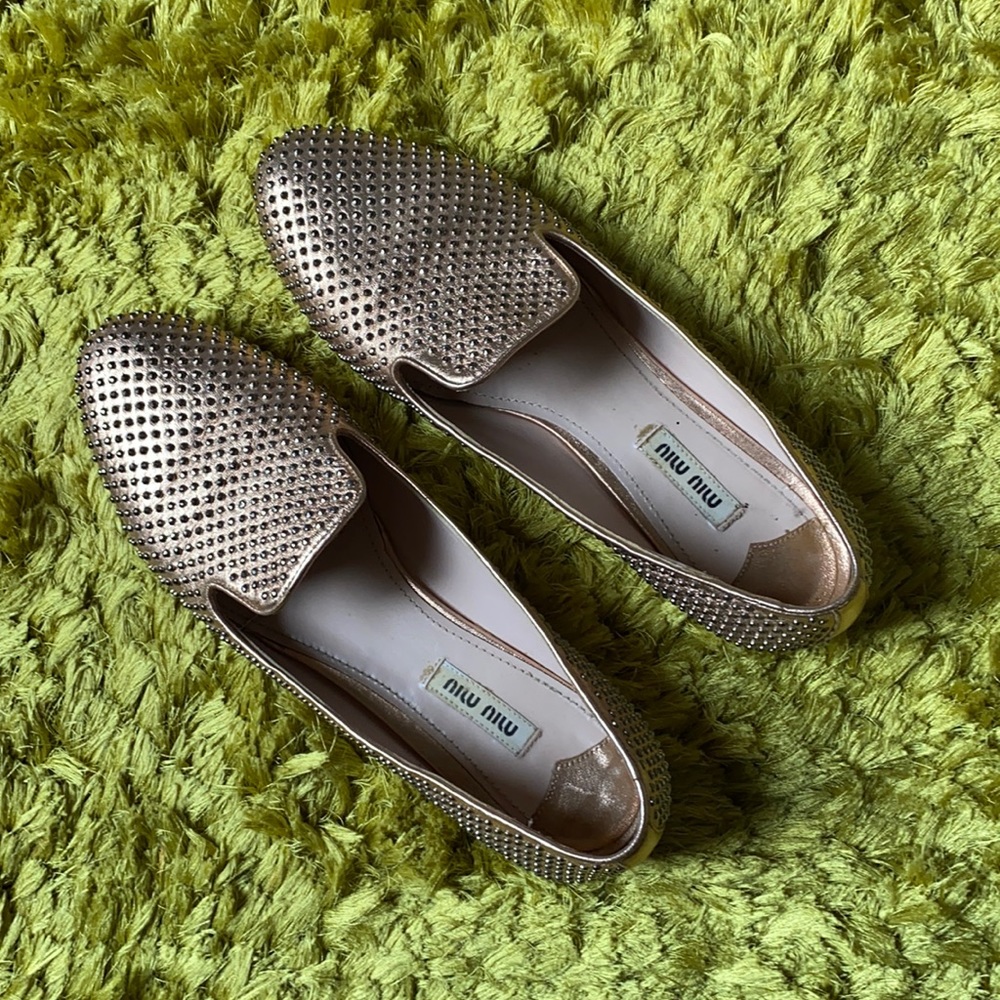 Miu Miu rose gold leather, studded loafers